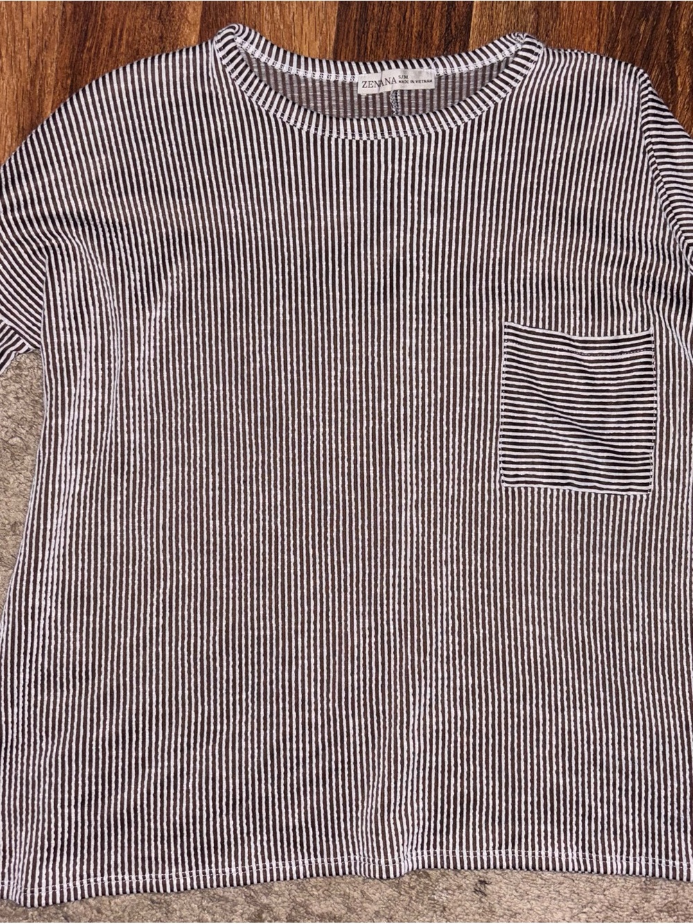 Zenana Outfitters Brown and White raised rib Striped Long Sleeve Tee